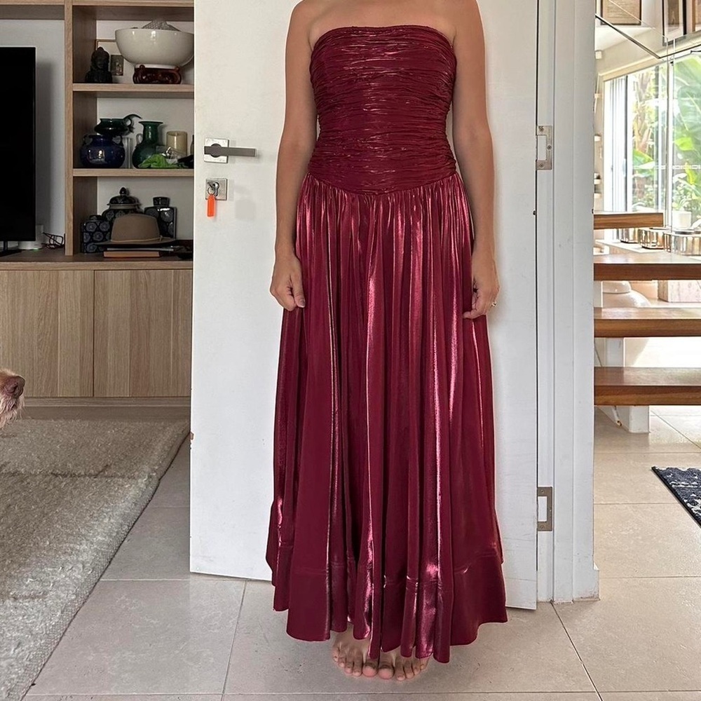 NWT Aje Regent Drop Waist Ruched Strapless A Line Midi Dress Garnet Red
